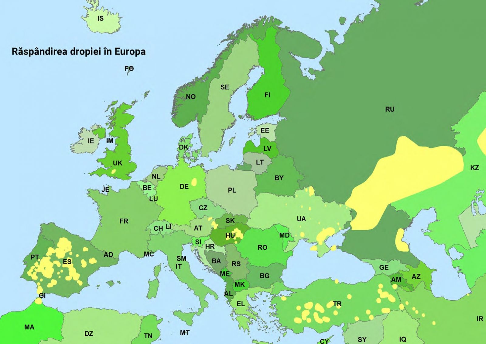 Distribuitie dropia Europa - Tuzok Elterjedes Europa - Distribution of Great Bustard in Europe